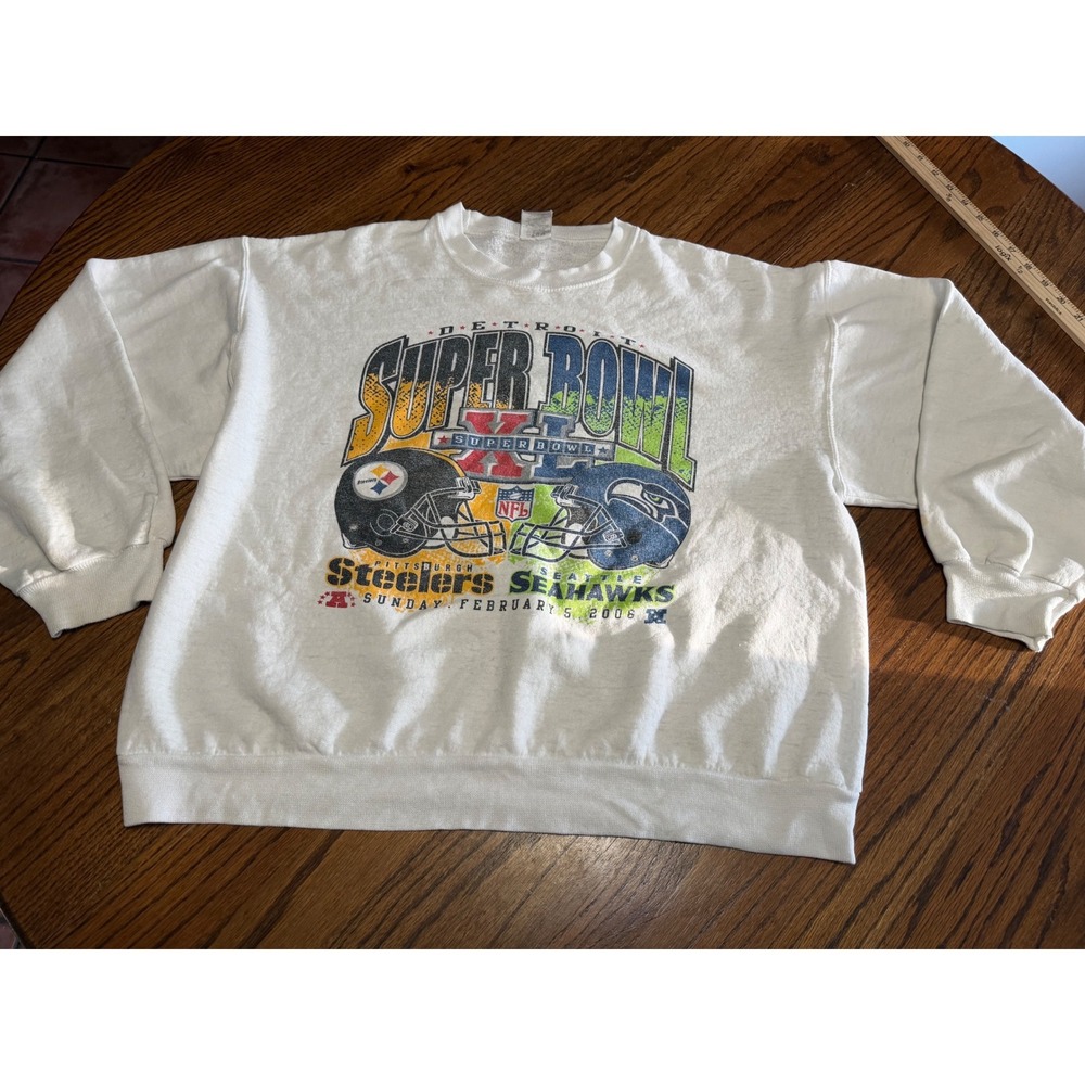 Vintage Jerzees Super Bowl XL 2006 Steelers vs Seahawks Sweatshirt White Large